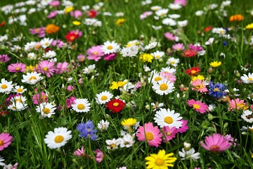 Vibrant Wildflower Meadow Spring Blossoms Nature Photography red art pink blue field bloom