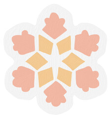 A stylized snowflake design features pastel pink and yellow shapes on a light gray background.