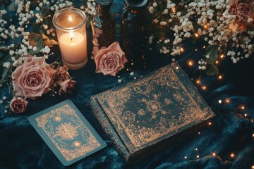Ancient tome surrounded by roses and candlelight, exuding enchan
