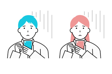 スマホを見て困った表情をする若い男性と女性のイラスト