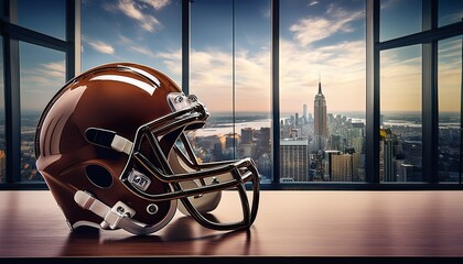 Surreal image of an American football helmet seamlessly merging with a business office setting, symbolizing teamwork and strategy in the corporate world. Represents collaboration and planning