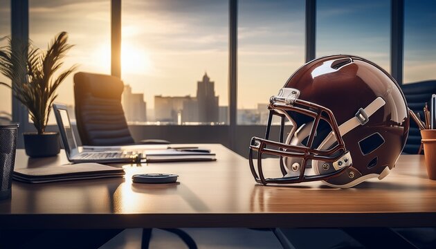 Surreal image of an American football helmet seamlessly merging with a business office setting, symbolizing teamwork and strategy in the corporate world. Represents collaboration and planning - Powered by Adobe
