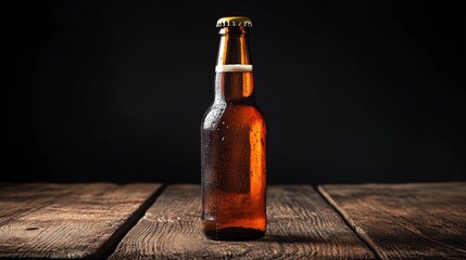 A bottle of beer on a wooden table against a black background. 