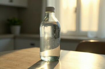 Simple water bottle reflecting sunlight on a kitchen table