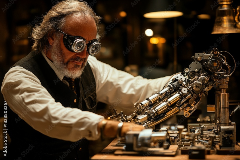 Poster inventor engaged in intricate machinery work in a workshop during the evening hours with steampunk e