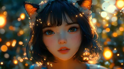 A Charming Retro City Pop Anime Depiction of a Young Woman in a Feline Headband Strolling through a Mystic Twilight Forest with Fireflies