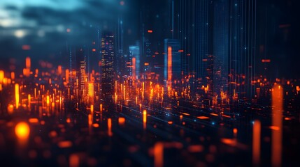 Naklejka premium An Illuminated Modern City Skyline Showcasing Business Development and Growth through Vibrant Graphs and Charts Overlays