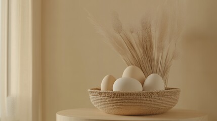 Fototapeta premium Elegant Beige Eggs in Woven Basket Natural Decor art home life calm soft still table wheat