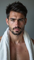 Fototapeta premium A striking portrait of a handsome man with dark hair and a well-groomed beard, wrapped in a white towel. His intense gaze and chiseled features exude confidence and allure, making this image perfect
