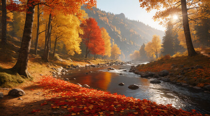 autumn forest in the morning. ai generated