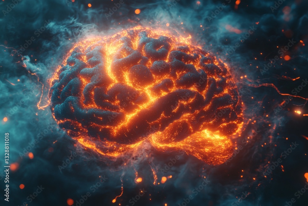 Poster brightly glowing brain surrounded by dynamic, colorful energy in an abstract digital space