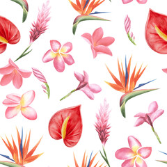 Beach cheerful seamless pattern wallpaper of tropical flowers bird of paradise (strelitzia), plumeria, anthurium, on a light white background. Fabric textile, digital paper.