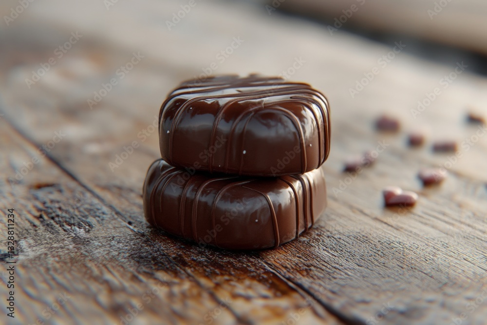 Poster Artisan chocolate squares resting on a rustic wooden surface with light reflections in the background