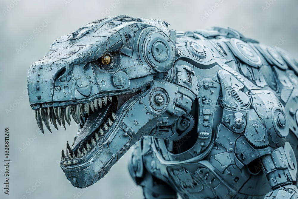 Aufkleber mechanical dinosaur model showcases intricate design and craftsmanship in a creative exhibition sett