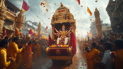 procession of Lord Narasimha idol carried by devotees on a palanquin decorated with gold and red silk cloth, streets filled with devotees carrying offerings of flowers and coconuts, Ai generated image