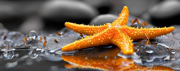 A stunning contrast awaits with this image showcasing a vibrant, bright orange starfish standing out against a monochrome beach background The grayscale rocks and subtle water droplets create a