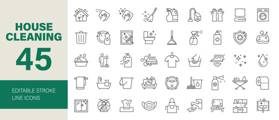 House Cleaning icon set. Housekeeping related line icons: washing, vacuum cleaner, detergent, cleaning tools, equipment, household appliances and more. Editable stroke. Vector illustration.