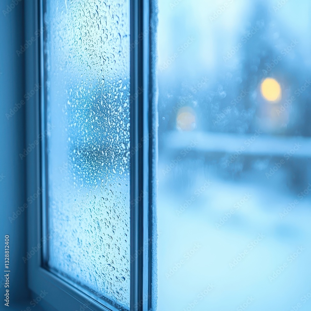 Poster raindrops on window pane with soft focus background in winter setting