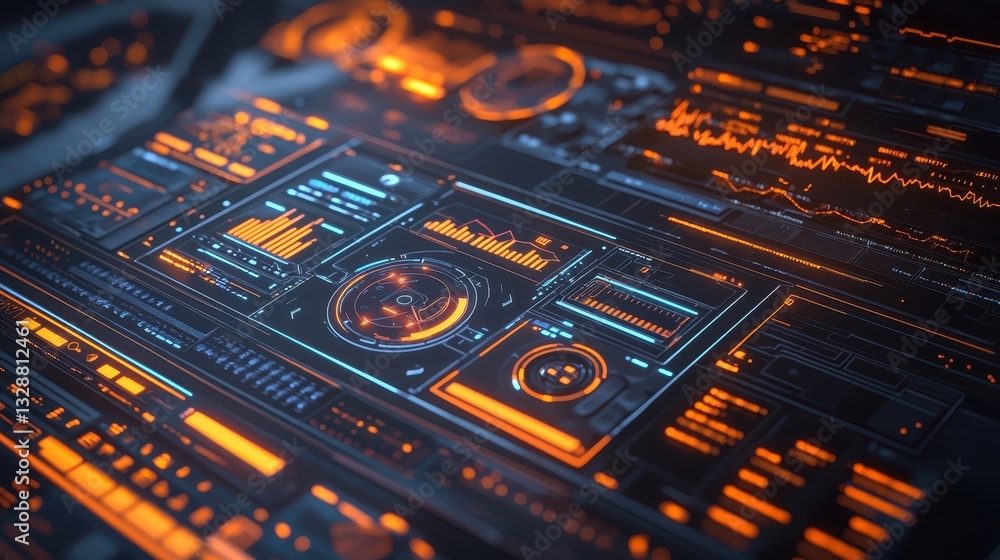 Poster futuristic digital interface with bright neon elements and data visuals