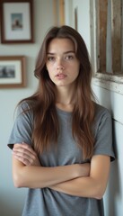 Obraz premium A serene young woman with long, flowing hair stands confidently with her arms crossed, exuding a calm yet assertive presence. The soft, natural light highlights her features against a backdrop of warm