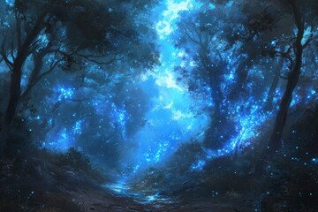 Obraz premium Enchanting forest path illuminated by glowing blue lights at dusk