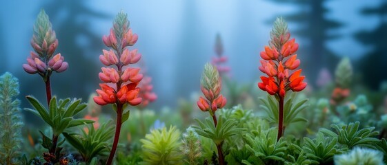 Stunning Red Pink Lupine Flowers Nature Spring Bloom Soft Leaf Stem Wild Plant Image Photo