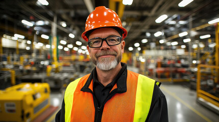 Industrial worker wearing high visibility vest and helmet, smiling confidently in factory setting