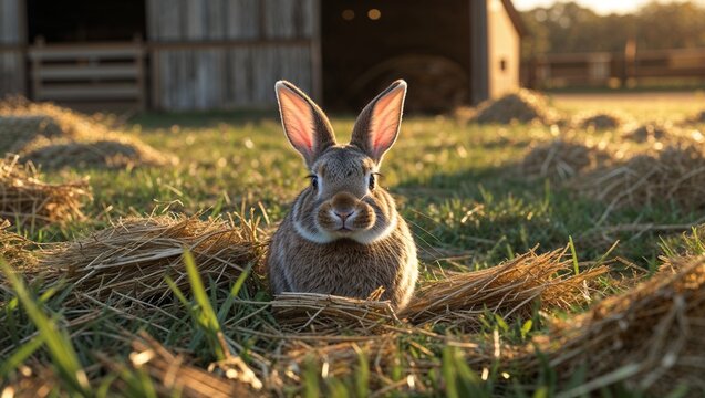 Rabbit on the grass on a farm, peaceful and adorable, enjoying the natural countryside setting