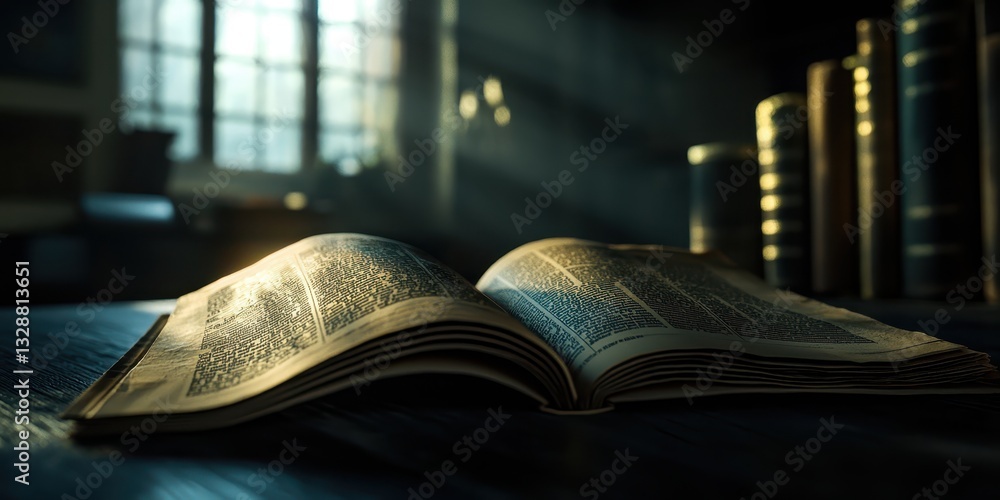 Poster open book on dark table with sunlight streaming through window