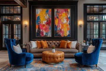 Stylish living room with vibrant art and elegant seating in a modern interior setting