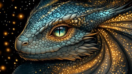 Fototapeta premium An artistic rendering of a dragon head, detailed scales and golden sparkles abound