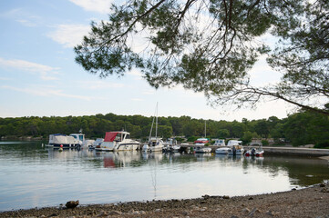 Boats rest peacefully in a quiet harbor, with lush greenery and gentle water reflections in the...