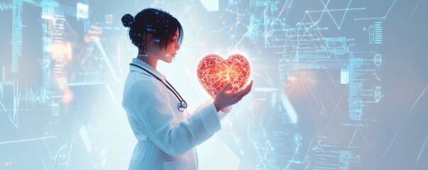 A female doctor examines a glowing heart symbol with care