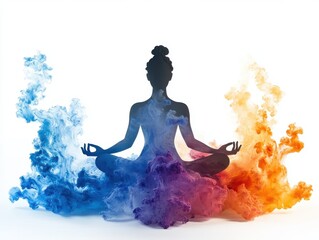 Silhouette of a person meditating in lotus position isolated on white background