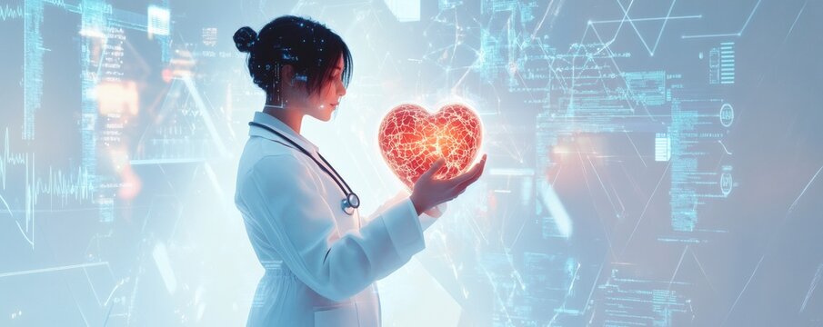 A female doctor examines a glowing heart symbol with care