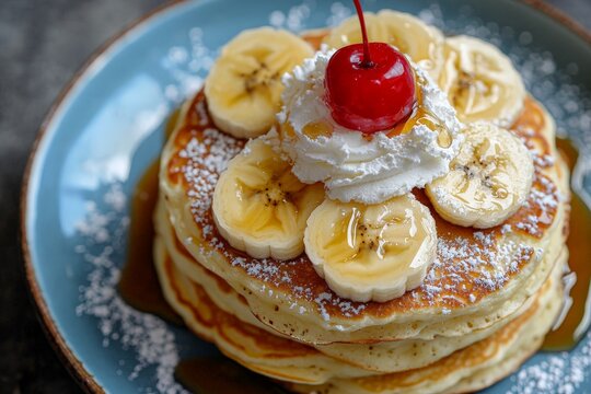 a stack of fluffy pancakes topped with banana slices