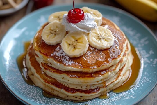 a stack of fluffy pancakes topped with banana slices - Powered by Adobe