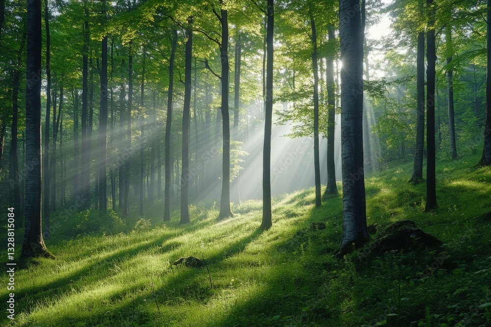 Poster sunlight filters through lush green trees in a tranquil forest during early morning hours