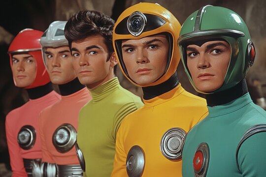 Space explorers in colorful suits prepare for an adventure in a sci-fi setting during a futuristic mission
