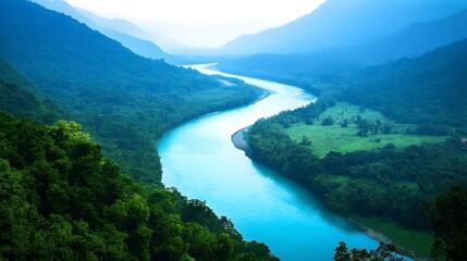 Lush green valley landscape with winding river and mountains visible
