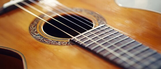 Obraz premium Close-Up of Acoustic Guitar Strings and Sound Hole Detail