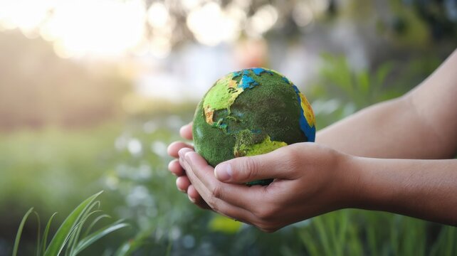 Hands holding a small globe, symbolizing care for the planet, sustainable living, Earth Day, environmental awareness, nature conservation, green lifestyle.