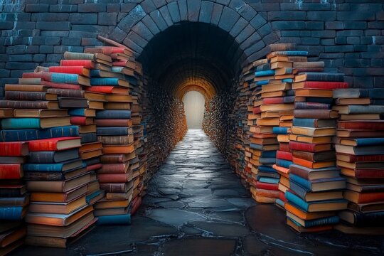 Mystical tunnel lined with colorful books leads to a glowing light in an ancient brick archway
