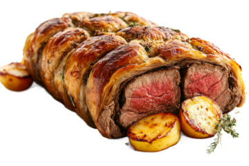 Delicious beef wellington with roasted potatoes for dinner