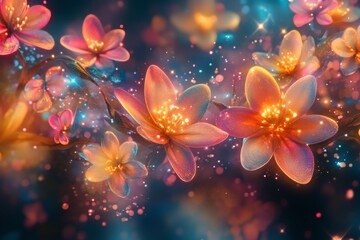 Fototapeta premium Beautiful vibrant flowers bloom in a magical, colorful environment filled with lights and soft bokeh effects