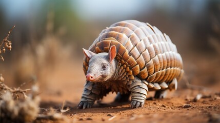 Fototapeta premium Armadillo walking, armored shell details, earthy landscape background