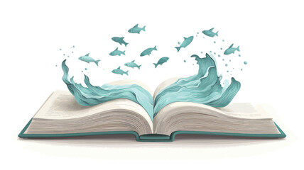 A digital illustration depicts an open book lying flat against a pure white background.  From within the open pages, a stylized wave of teal-colored water arcs upward, carrying several small,