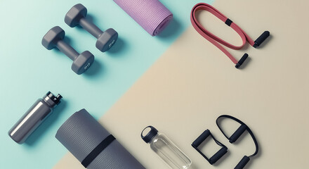 Naklejka premium gym items, top view with space for text, simple background, negative space