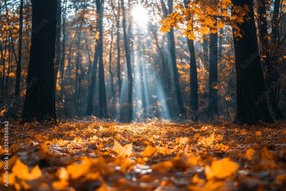 Poster golden autumn leaves blanket a serene forest path illuminated by soft sunlight