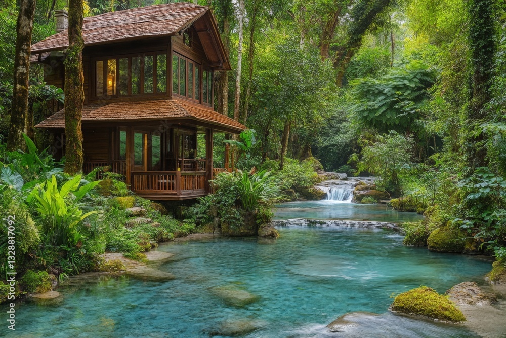 Poster charming wooden house by a tranquil stream in a lush forest setting during daylight